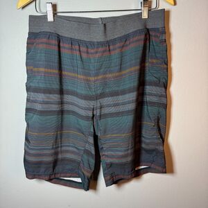 PrAna Stretch Recycled Board Shorts Striped Gray Teal Men's M 10" Inseam
